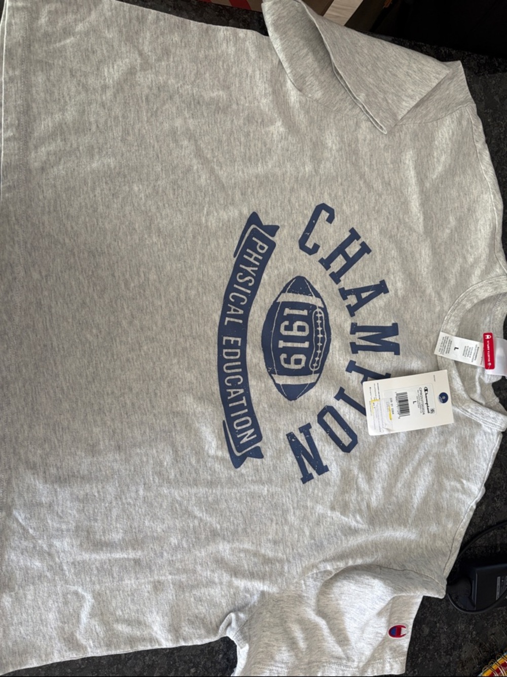 Champion Gray Crop Shirt with Navy Football Graphic